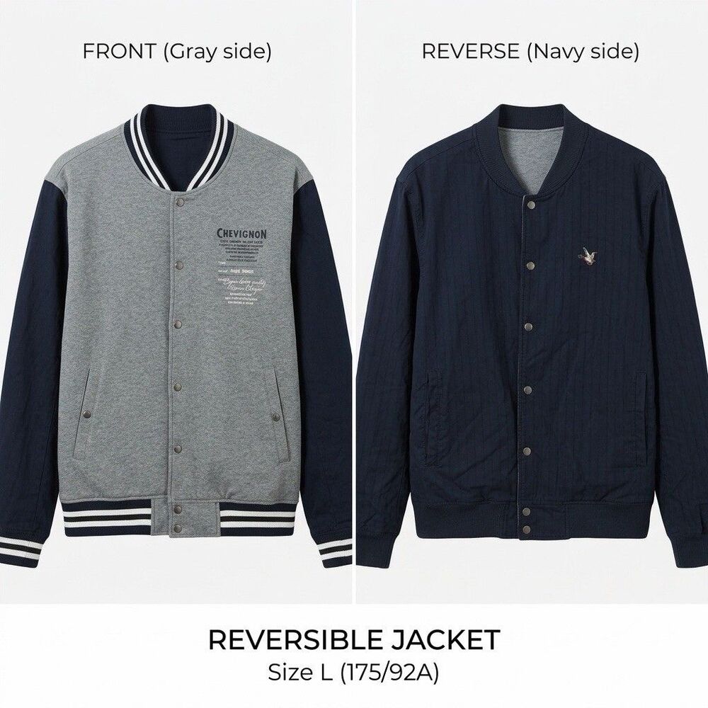 Chevignon Bomber Jacket Large Gray Navy Blue Reversible Snap Front Varsity